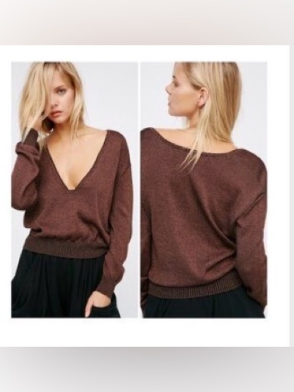 Free People Metallic Brown V-Neck Pullover Sweater